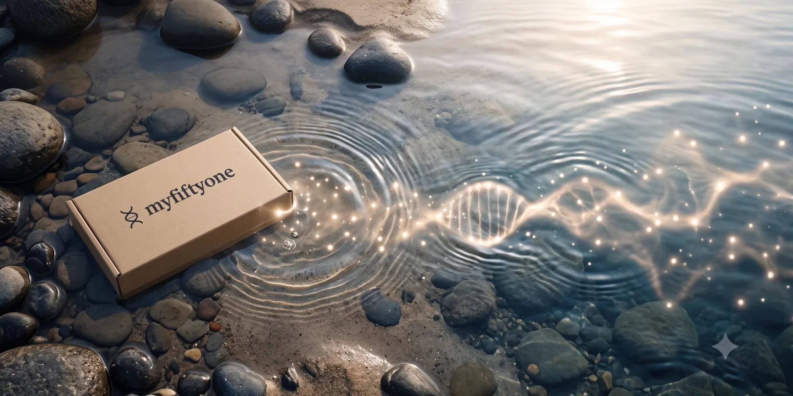 A myfiftyone kit box resting on a pebbled shore, with a strand of DNA glowing in the shallow water beside it.